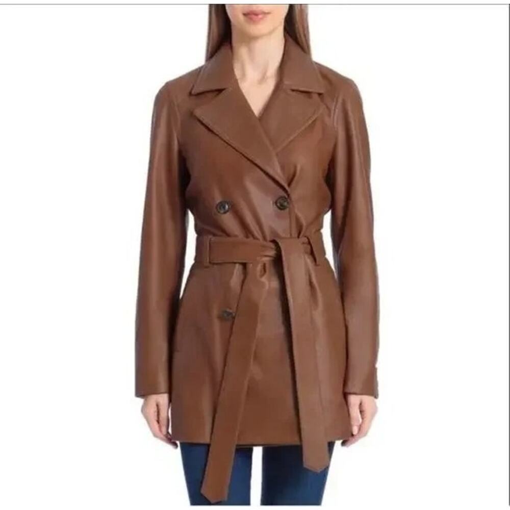 Badgley Mischka Lamb Leather Trench Coat Double Breasted Cognac Size S